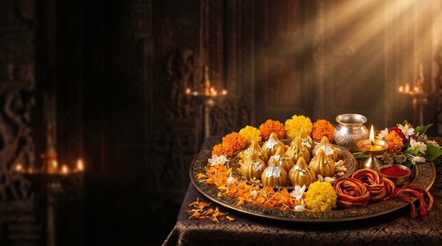Ceremonial offering tray with golden modak sweets, marigold petals and sacred threads arranged elegantly