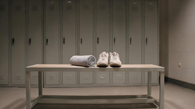 Locker room bench with rolled towel and white sneakers