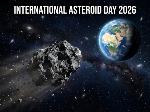 Large asteroid flying close to earth in space illustration for international asteroid day celebration concept