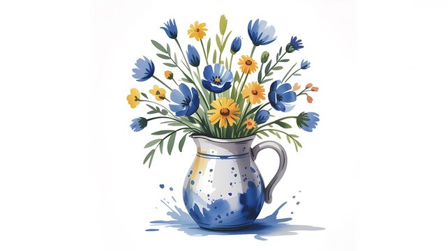 Fresh watercolor illustration of blue and yellow garden flowers blossoming in a decorated white and blue jug
