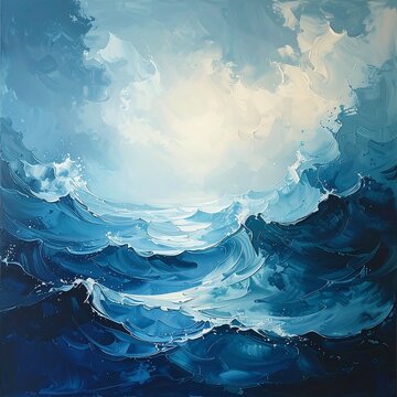 Textured artwork of ocean waves under a bright, cloudy sky