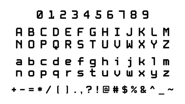 Alphanumeric Characters and Symbols Digital Display on Dark Background with Monospaced Uppercase and Lowercase Letters and Punctua