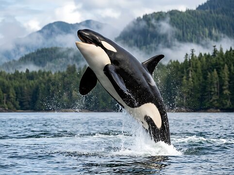 Majestic killer whale leaping out of the water with a stunning forest and mountain backdrop