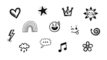 Fototapeta premium Symbols Featuring Heart, Star, Crown, Sun, Rainbow, Cloud, Speech Bubble, Music Note, and Flower in Doodle Style