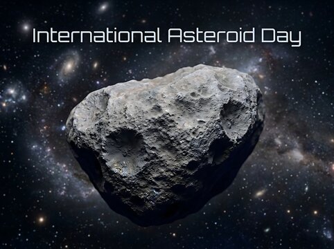 Massive rocky asteroid floating in deep space with galaxies and stars for international asteroid day celebration