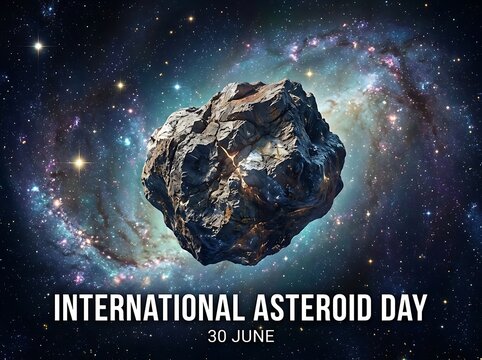 Massive rugged asteroid floating in deep space with colorful nebula and stars behind it