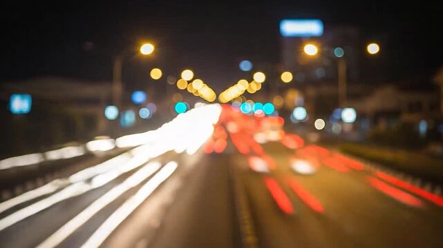 Long exposure light trails from vehicles create a vibrant bokeh effect on