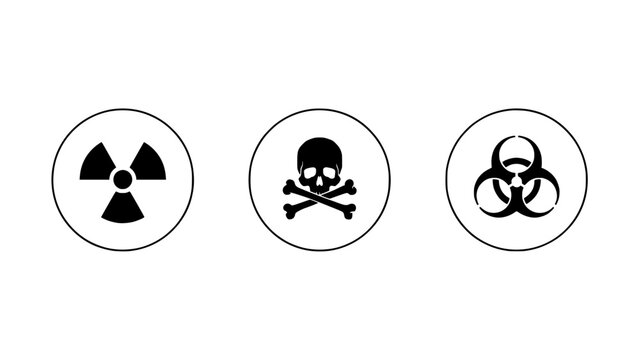Radioactivity Symbol Icon Set of Three Circular Warning Icons with Radiation, Skull and Crossbones, and Biohazard
