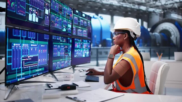 African Woman Engineer Monitors SCADA System Screens During Power Plant