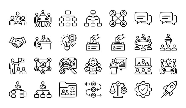 Business People Line Icons Set with Team Meeting Communication Partnership and Job Structure Symbols