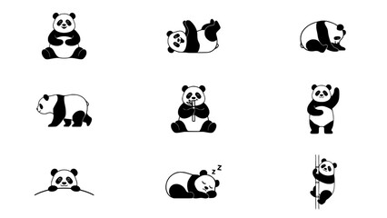 Fototapeta premium Pandas in Various Poses as Black and White Vector Illustrations Featuring Panda, Illustration, Animal with Cute and Cartoon