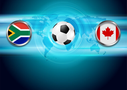 South Africa vs Canada soccer broadcast graphics on futuristic blue world map background