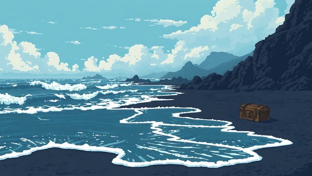 Deserted pixel beach with waves crashing on dark volcanic sand, a treasure chest half-buried, eerie but beautiful retro mood