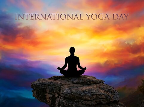Silhouette of a person meditating on a rock during vibrant sunset for international yoga day celebration