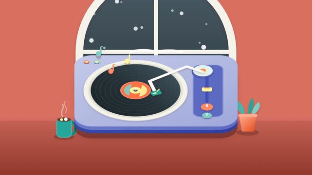 Lo-fi vinyl record player animation with music notes and coffee at night