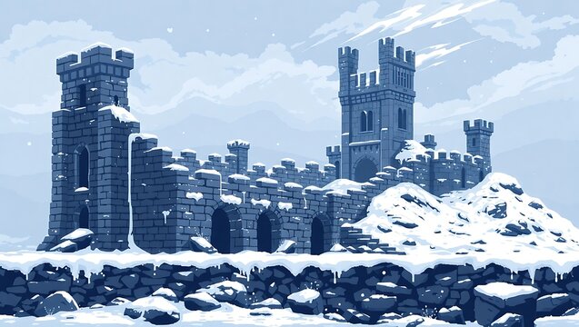 Desolate pixel castle ruins surrounded by snow and ice, blowing wind and frozen stonework, 8-bit medieval winter theme