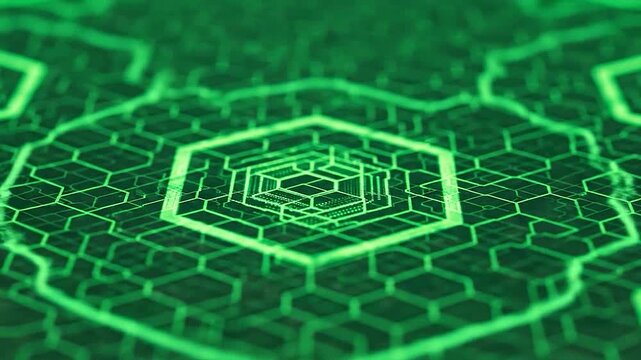 Vibrant green hexagonal pattern forms an intricate digital network background