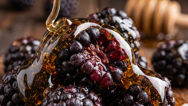 Close up view of fresh blackberry vesicles bursting under heavy drizzle of glossy liquid honey food shot