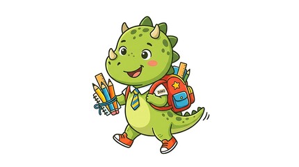 Fototapeta premium Cute cartoon dinosaur character with backpack and school supplies.