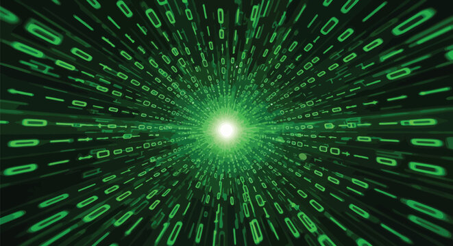Green digital tunnel, neon light burst, binary code background, futuristic vector
