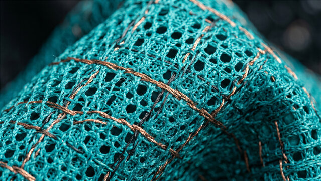 Hyper detailed close up of synthetic sports fabric showing breathable micro perforations and mesh web