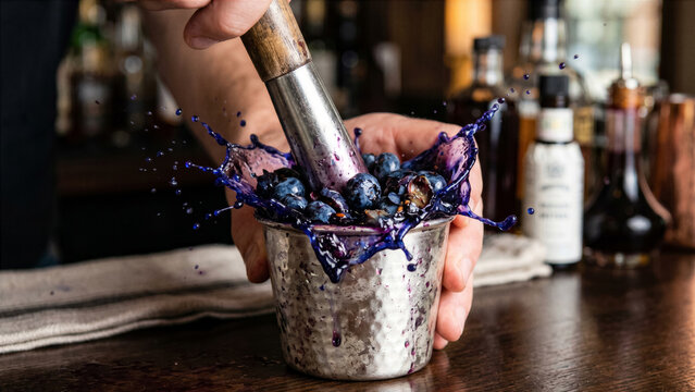 Macro shot of organic fresh blueberries being crushed inside silver cup bursting with indigo juice