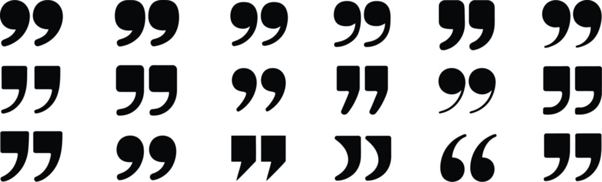 Quote mark icon set, quotation punctuation symbols for editorial content speech bubbles typography and text presentation.