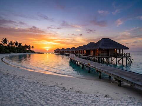 Stunning tropical sunset over water bungalows with wooden walkway on a sandy beach paradise