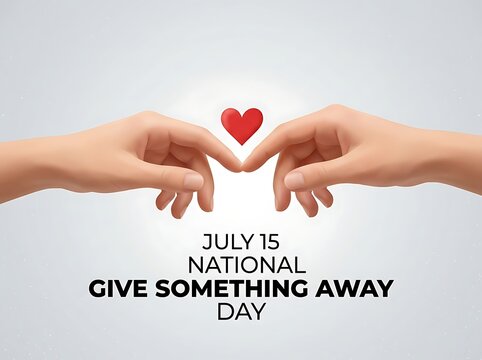 Two hands gently holding a red heart symbol for national give something away day celebration concept