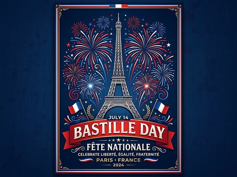 Vibrant bastille day celebration poster with eiffel tower and fireworks in patriotic colors design