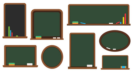 Vector blackboard set, green chalkboards, educational icons, classroom elements © 2025