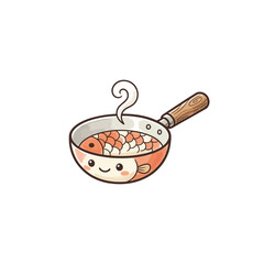 Charming Wok Character With Orange Koi Fish, Scale Pattern And Wooden Handle Steaming Vector Illustration © arisadobe