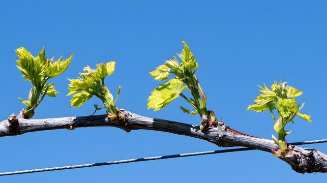 Fresh Green Grape Vine Buds Sprout Against a Clear Blue Sky, Symbolizing Growth, Renewal, and the Inception of a New Farming Season Under Brilliant Sunlight