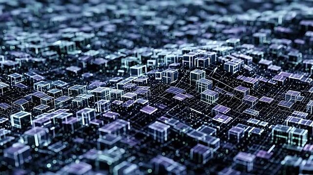 Abstract digital landscape with glowing cubes and interconnected lines