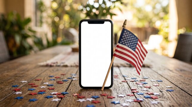 Modern smartphone with blank screen stands proudly beside a small American flag on a rustic wooden