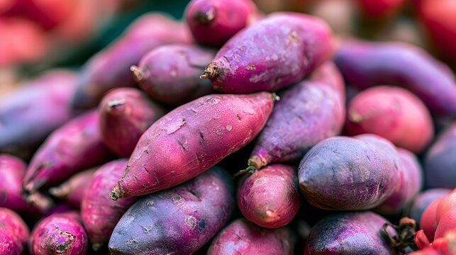Vibrant purple and reddish sweet potatoes, Ipomoea batatas, piled high in a lush close-up, showcasing their raw, earthy texture and rich color for healthy eating