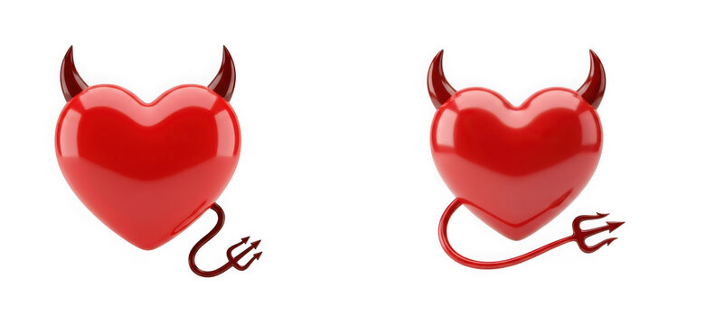 3d render of glossy red devil hearts with horns and trident tails isolated on transparent background