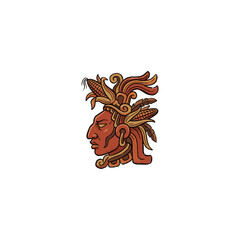 Ceremonial Mayan Corn Deity Profile Adorned With Maize Cob Crown Elaborate Feathered Headdress Scrollwork Vector Illustration © arisadobe