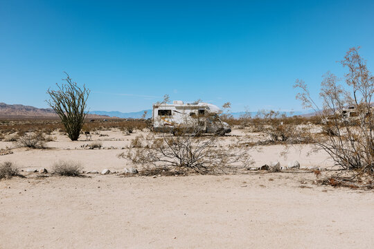 RV camping in California desert landscape
