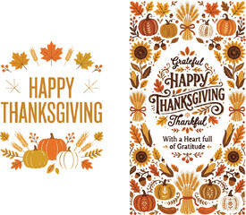 Fototapeta premium Happy thanksgiving greeting card with pumpkins leaves and flowers