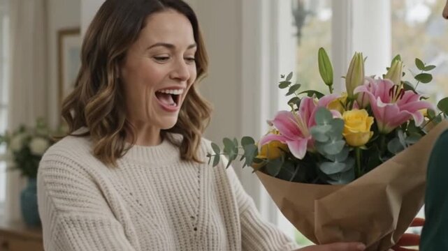 Woman smiling while receiving a surprise bouquet at her front door, authentic happiness.
