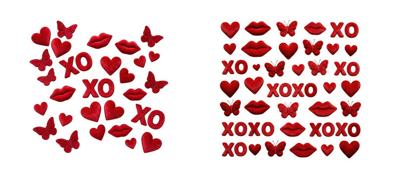 Red valentines day themed patches featuring hearts, lips, butterflies, and xo symbols isolated on transparent background