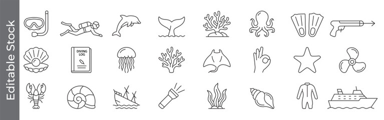 Scuba diving and ocean life line icon set – editable outline symbols of diver, dolphin, whale, coral, octopus, jellyfish, starfish, wetsuit, shipwreck, and marine elements © marufpro555777