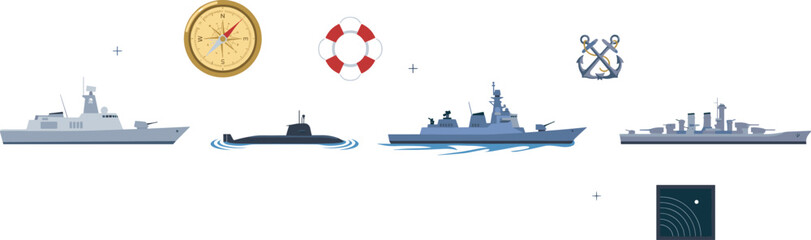 Military Navy Ship and Submarine Icon Set with Frigate, Destroyer, Cruiser, Compass, Lifebuoy, Anchor, and Radar Screen Vector Graphic Illustrations © Abul