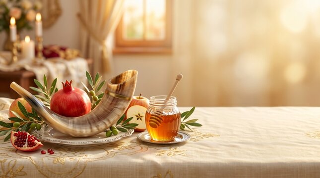 Rosh Hashanah, elegant shofar horn surrounded by pomegranates, apples, honey jar and olive branches