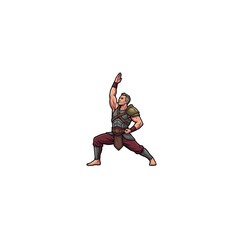 Obraz premium Middle Aged Male Warrior Character In Dynamic Combat Stance Wearing Layered Armor Leather Belt And Leg Wraps Vector Illustration
