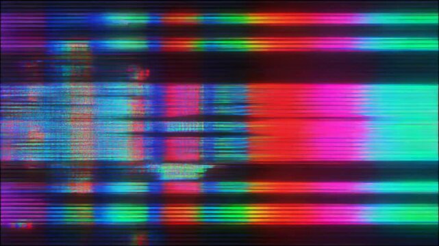 Vibrant digital glitch streaks across dark screen. Colors pulse with chaotic energy and vivid noise. Pixelated fragments blur edges of the digital landscape. This aesthetic evokes disruption, decay