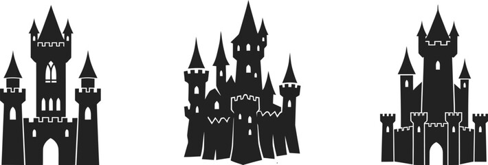 Collection of medieval castle silhouettes in black on white background © firoz