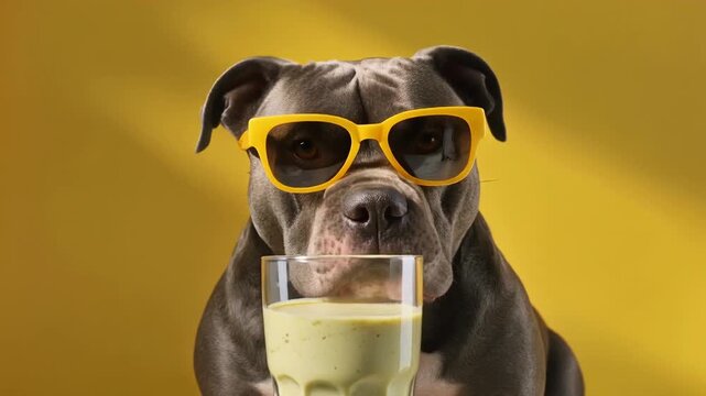 Dog wears bright sunglasses. It holds a glass of green smoothie. The dog looks cool and confident. Warm yellow background frames the scene. Perfect for pet, health, or fun campaigns