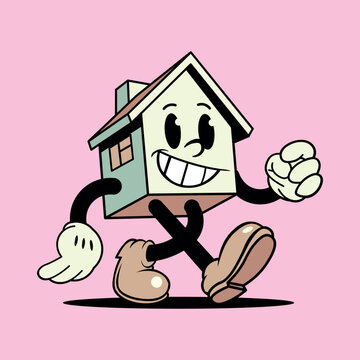 Walking house mascot character in retro cartoon rubber hose style